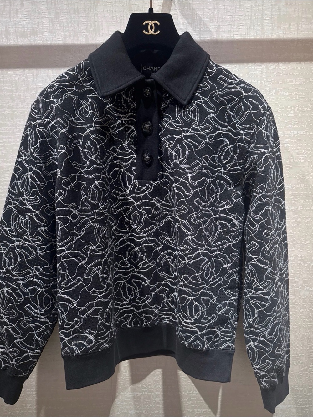 Authentic CHANEL Black Sweater Polo with White Interlocking CC Pattern BTWT